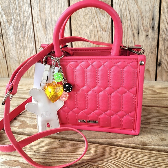 Steve Madden BNIKO3 In Fushia Pink Teddy Bear Dice Tote Crossbody Handbag - Picture 2 of 8